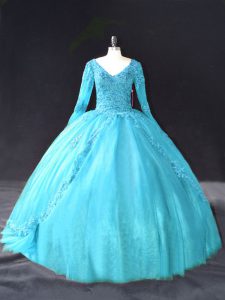  Long Sleeves Floor Length Lace and Appliques Lace Up 15th Birthday Dress with Aqua Blue