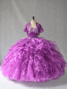 Fancy Purple Strapless Neckline Beading and Ruffles Quinceanera Dress Sleeveless Lace Up