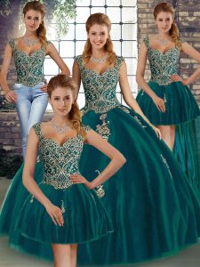 Spectacular Peacock Green Straps Neckline Beading and Appliques Sweet 16 Dresses Sleeveless Lace Up