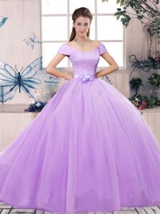 Sexy Lavender Tulle Lace Up Off The Shoulder Short Sleeves Floor Length Sweet 16 Dress Lace and Hand Made Flower