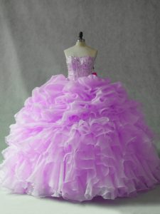 Traditional Lilac Lace Up Sweet 16 Dresses Beading and Ruffles and Pick Ups Sleeveless Brush Train