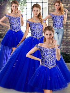  Royal Blue Off The Shoulder Lace Up Beading Quinceanera Gown Sleeveless