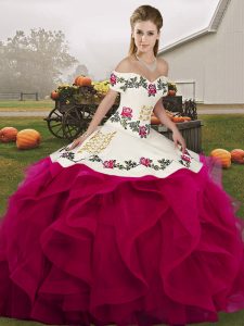  Fuchsia Off The Shoulder Neckline Embroidery and Ruffles Quince Ball Gowns Sleeveless Lace Up