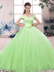 Shining Ball Gowns Tulle Off The Shoulder Short Sleeves Lace and Hand Made Flower Floor Length Lace Up Vestidos de Quinceanera