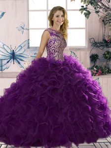Low Price Purple Sleeveless Organza Lace Up Quinceanera Dresses for Military Ball and Sweet 16 and Quinceanera