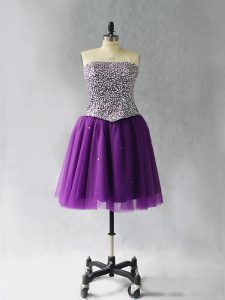 Custom Fit Purple Strapless Neckline Beading Prom Evening Gown Sleeveless Lace Up