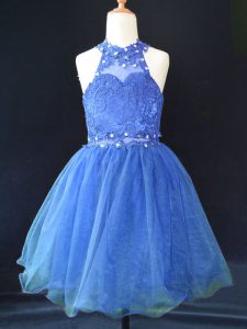 Classical Sleeveless Organza Mini Length Lace Up Kids Formal Wear in Blue with Beading and Lace