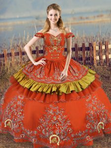 Simple Satin and Organza Off The Shoulder Sleeveless Lace Up Embroidery Vestidos de Quinceanera in Rust Red