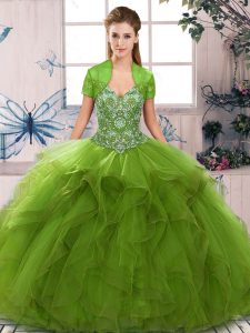  Olive Green Tulle Lace Up Sweet 16 Dresses Sleeveless Floor Length Beading and Ruffles
