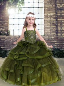 Top Selling Olive Green Sleeveless Beading and Ruffles Floor Length Little Girl Pageant Gowns