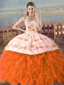 Fitting Orange and Rust Red Ball Gowns Embroidery Quinceanera Gowns Lace Up Organza Sleeveless