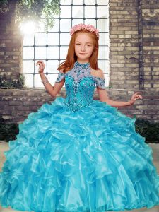 Best Floor Length Aqua Blue Kids Pageant Dress High-neck Sleeveless Lace Up