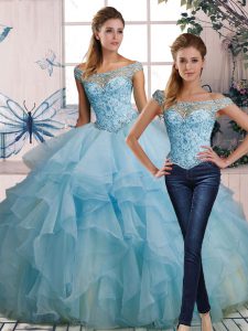  Light Blue Sleeveless Organza Lace Up Quinceanera Dresses for Military Ball and Sweet 16 and Quinceanera