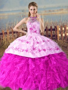 Excellent Fuchsia Sleeveless Court Train Embroidery and Ruffles 15 Quinceanera Dress