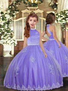 Low Price High-neck Sleeveless Girls Pageant Dresses Floor Length Appliques Lavender Tulle