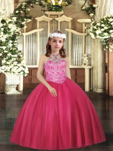 Trendy Sleeveless Tulle Floor Length Lace Up Kids Formal Wear in Hot Pink with Beading