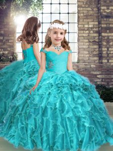 Simple Aqua Blue Straps Lace Up Beading and Ruffles Kids Pageant Dress Sleeveless
