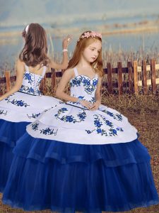  Blue Pageant Gowns For Girls Party and Wedding Party with Embroidery Straps Sleeveless Lace Up