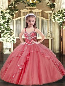 Custom Designed Pink Straps Lace Up Beading and Ruffles Kids Formal Wear Sleeveless