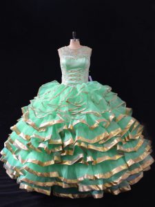 Amazing Sleeveless Floor Length Ruffles Lace Up Quinceanera Dresses with Apple Green