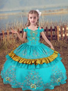 Floor Length Aqua Blue Kids Formal Wear Satin Sleeveless Beading and Embroidery
