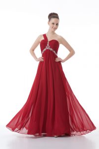  One Shoulder Sleeveless Prom Party Dress Floor Length Beading and Ruching Red Chiffon