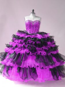  Black And Purple Lace Up Quinceanera Dresses Beading and Ruffled Layers Sleeveless Floor Length