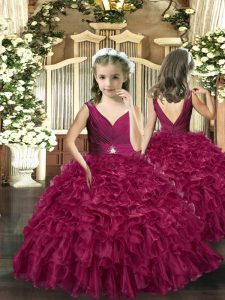 Best Floor Length Backless Kids Pageant Dress Burgundy for Party and Wedding Party with Beading and Ruffles