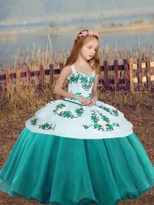  Sleeveless Organza Floor Length Lace Up Child Pageant Dress in Teal with Embroidery