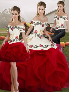  Embroidery and Ruffles Quinceanera Gowns White And Red Lace Up Sleeveless Floor Length