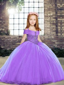  Lavender Tulle Lace Up Straps Sleeveless Little Girl Pageant Gowns Brush Train Beading