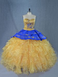  Gold Sweetheart Neckline Embroidery and Ruffles Quince Ball Gowns Sleeveless Lace Up
