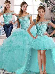 Customized Aqua Blue Lace Up Off The Shoulder Beading and Ruffles 15th Birthday Dress Tulle Sleeveless