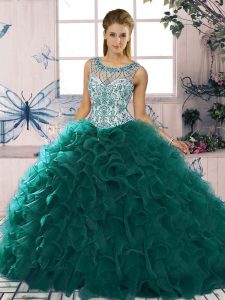  Ball Gowns Quinceanera Dresses Peacock Green Scoop Organza Sleeveless Floor Length Lace Up