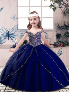  Floor Length Ball Gowns Sleeveless Blue Kids Pageant Dress Lace Up