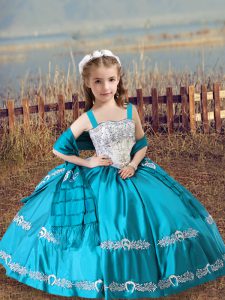 Amazing Straps Sleeveless Lace Up Girls Pageant Dresses Teal Satin