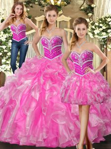  Sleeveless Organza Floor Length Lace Up Ball Gown Prom Dress in Rose Pink with Beading and Ruffles