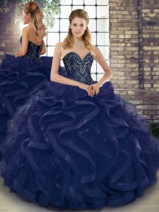 New Arrival Floor Length Ball Gowns Sleeveless Navy Blue Quince Ball Gowns Lace Up