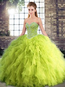 Wonderful Yellow Green Lace Up Quinceanera Gowns Beading and Ruffles Sleeveless Floor Length