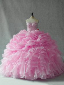 Low Price Lace Up Sweet 16 Dresses Baby Pink for Sweet 16 and Quinceanera with Beading and Ruffles and Pick Ups Brush Train