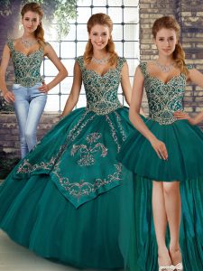 Graceful Floor Length Teal Quinceanera Gowns Tulle Sleeveless Beading and Embroidery
