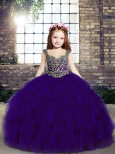 Best Purple Sleeveless Tulle Lace Up Little Girl Pageant Dress for Party and Military Ball and Wedding Party