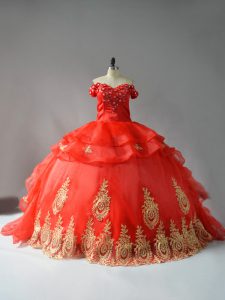 Exquisite Appliques and Hand Made Flower Sweet 16 Dress Red Lace Up Sleeveless Court Train