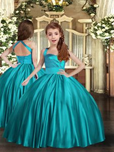 High Class Teal Pageant Gowns For Girls Party and Wedding Party with Ruching Straps Sleeveless Lace Up