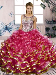 Dazzling Organza Sleeveless Floor Length Quince Ball Gowns and Beading and Ruffles
