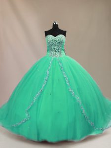Amazing Turquoise Ball Gown Prom Dress Sweet 16 and Quinceanera with Beading Sweetheart Sleeveless Court Train Lace Up
