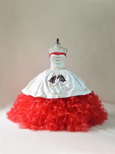  Satin and Organza Strapless Sleeveless Brush Train Lace Up Embroidery and Ruffles Quinceanera Dresses in White And Red 