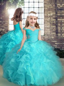  Ball Gowns Little Girls Pageant Dress Wholesale Aqua Blue Straps Organza Sleeveless High Low Lace Up