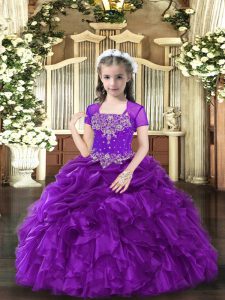  Purple Pageant Gowns For Girls Party and Wedding Party with Beading and Ruffles Straps Sleeveless Lace Up