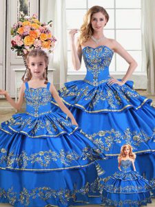  Royal Blue Satin and Organza Lace Up Sweetheart Sleeveless Floor Length Sweet 16 Dress Embroidery and Ruffled Layers
